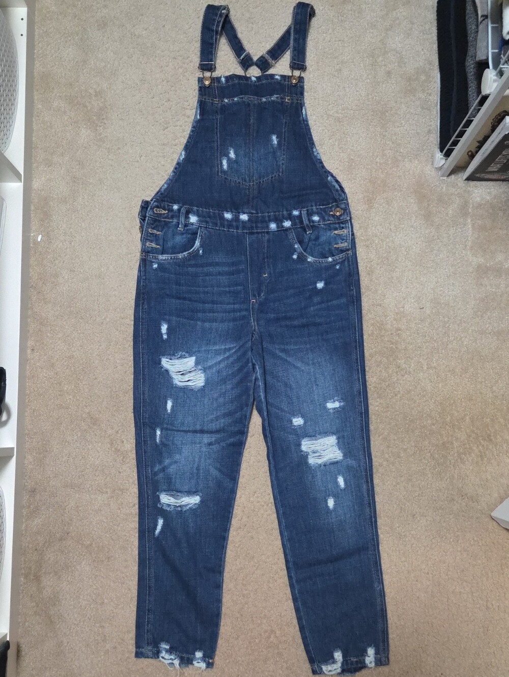 Zara Dark Blue Distressed Denim Overalls